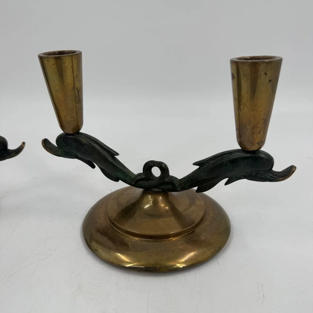 Vintage Bronze Dolphin Candlestick‎ Holders Pair Made in Denmark